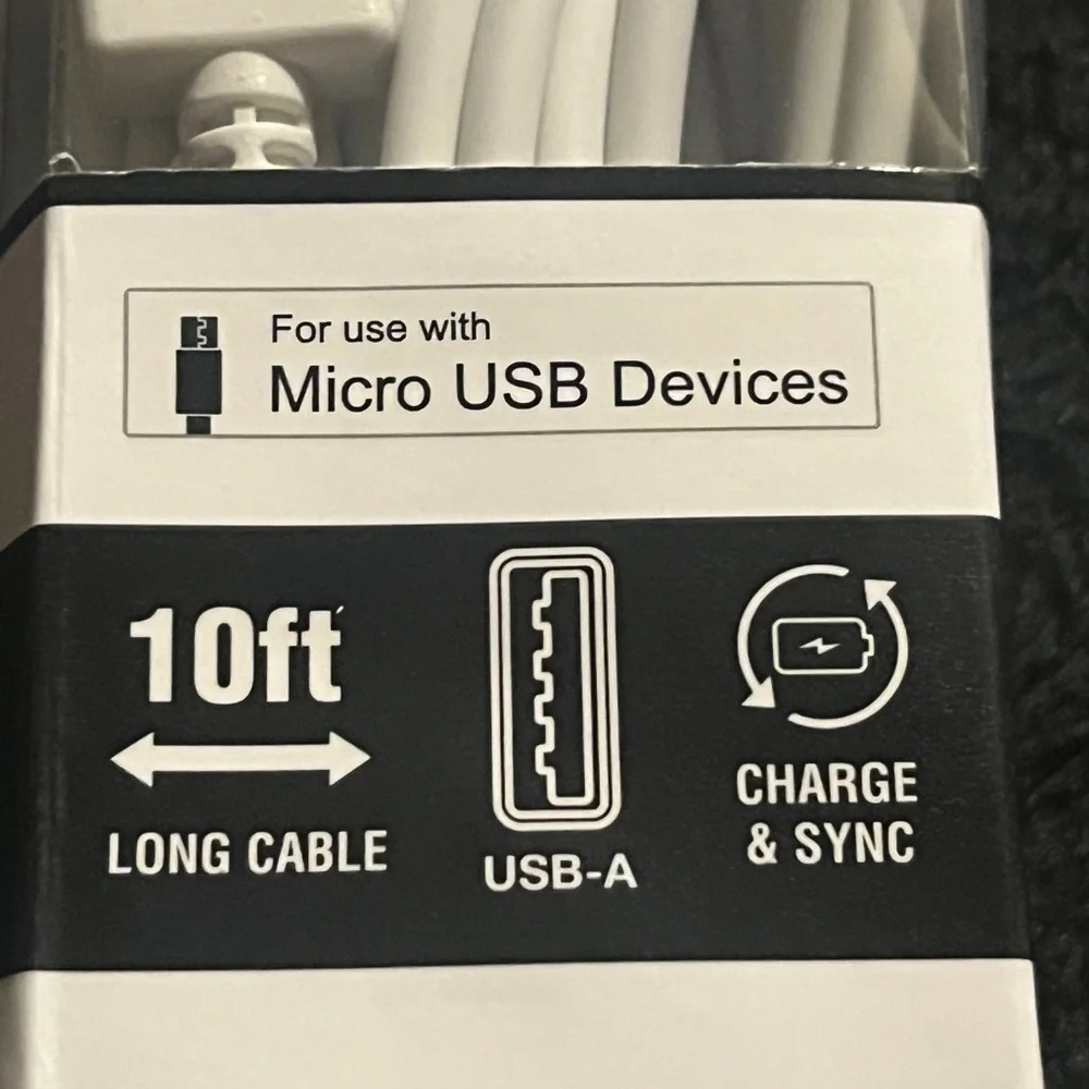 Wireless Gear Micro USB Devices ( 10’ cable and Wall charger . White